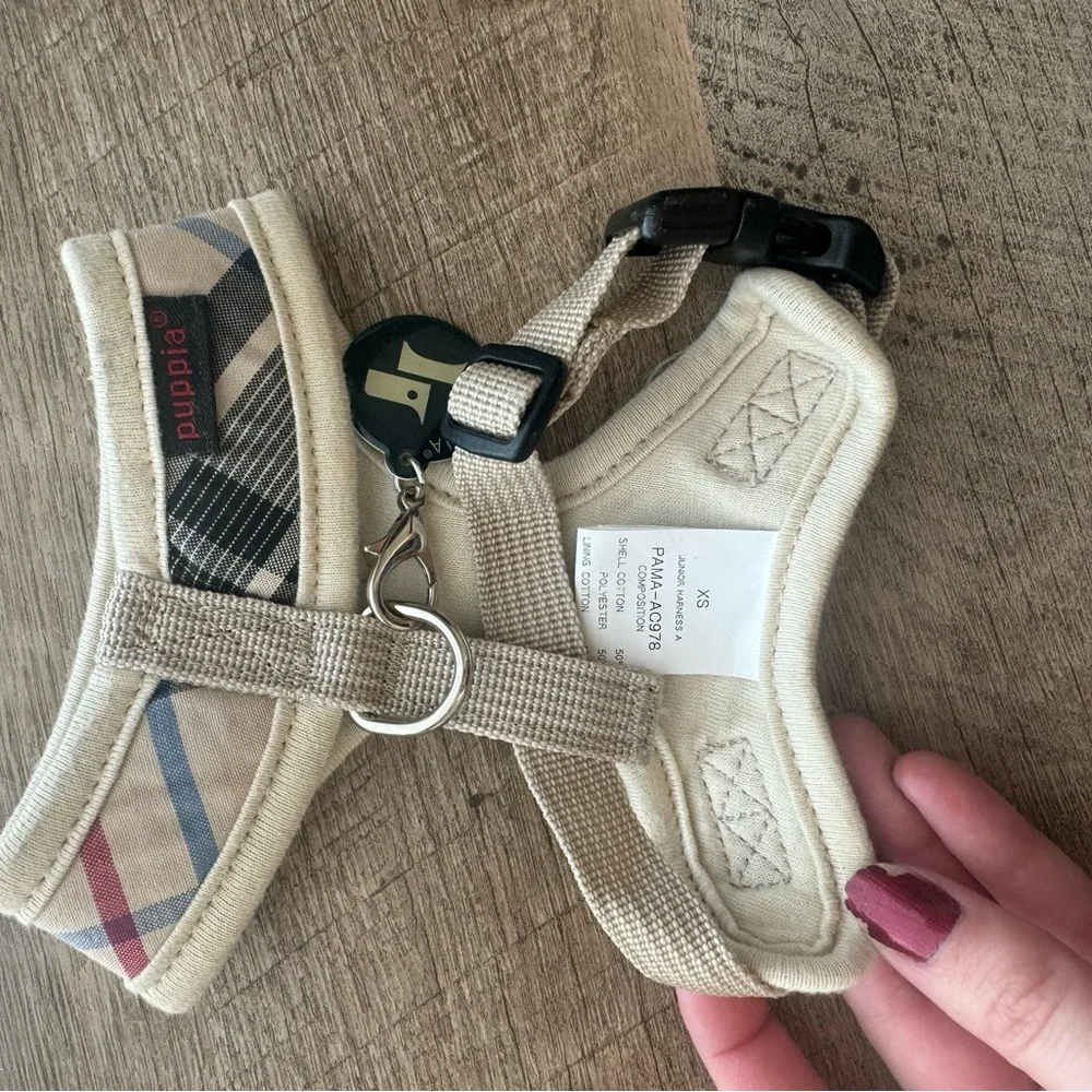 Puppia XS Soft Dog Harness Tan Plaid Novacheck QR Tag Vest Harness